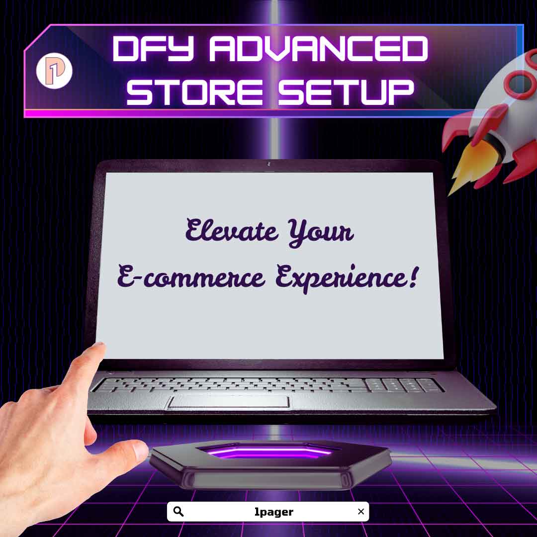 The 1Pager Website template shown on several different devices displaying its responsive handling. "1Pager E-Commerce Advanced" shows in text across the image.